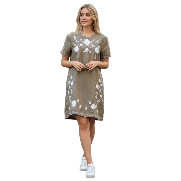 Zara Woman Dresses & Skirts - Zara Woman Linen Embroidered Mini Dress Womens M Olive‎ Green Floral Scalloped